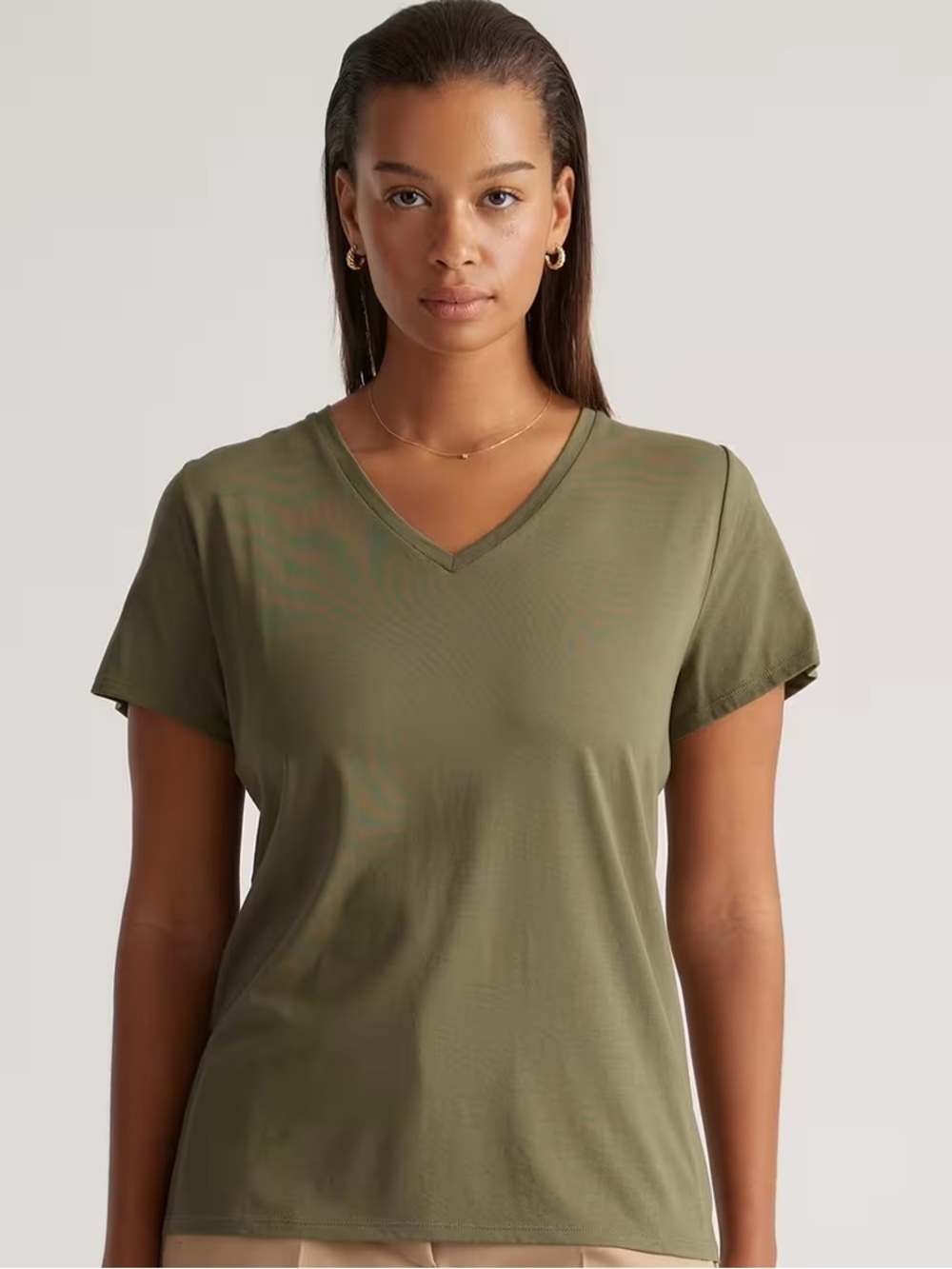 Quince 100% Pima Cotton Lux Touch V Neck Kalamata Olive Green NEW